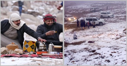বরফের চাদরে ঢেকে গেছে সৌদির মরুভূমি

