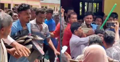 মাদরাসার ছাত্রীদের সামনে অশালীন অঙ্গভঙ্গি, যুবকের গলায় জুতার মালা
